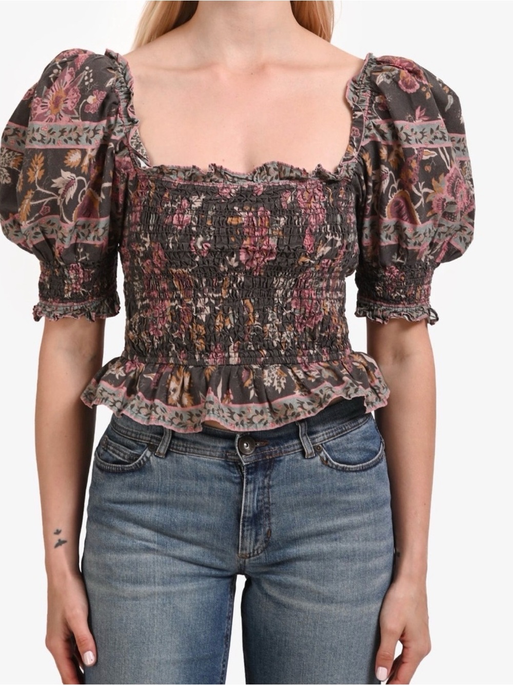 Sea New York Dark Gray Floral Smocked Puff-Sleeve Crop Top